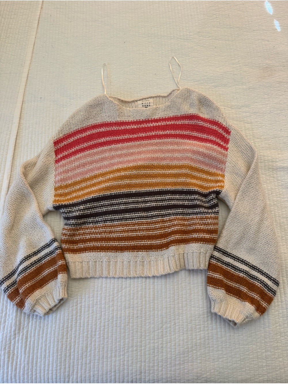 Billabong Cream Crewneck Sweater with Pink, Red and Mustard Stripes